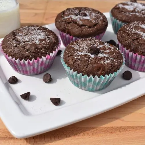 Chocolate brownie muffins on a plate with milk