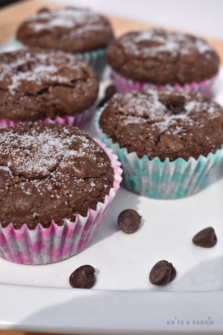 Plated chocolate brownie muffins with chocolate chips
