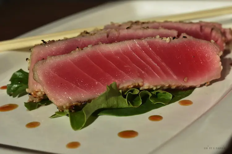 Grilled sesame tuna on plate