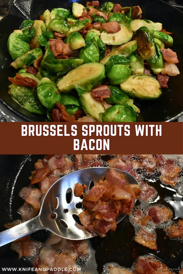 Bacon in pan frying with Brussels sprouts