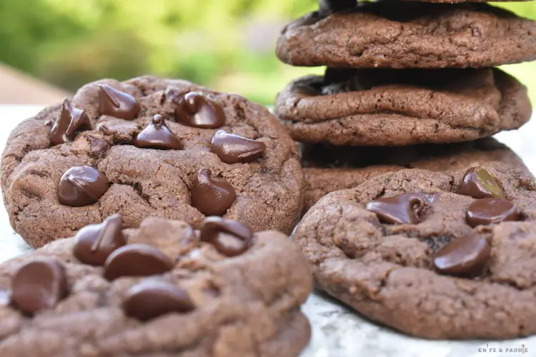 Double chocolate chip cookies stacked