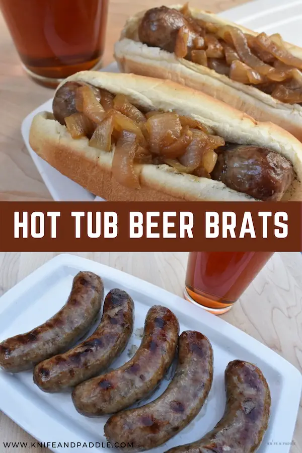 Grilled brats with caramelized onions and beer