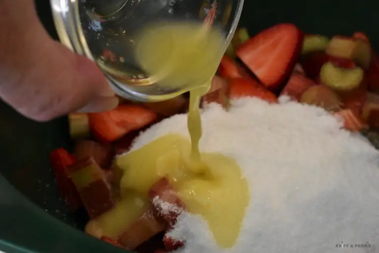 Strawberries, rhubarb, sugar and orange juice
