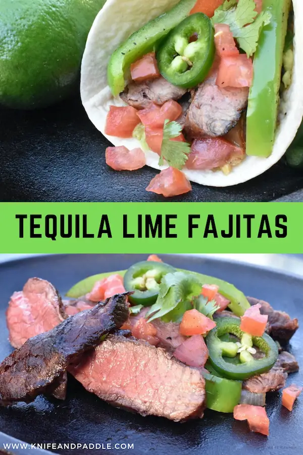 Tequila lime fajitas in a wrap and on a skillet