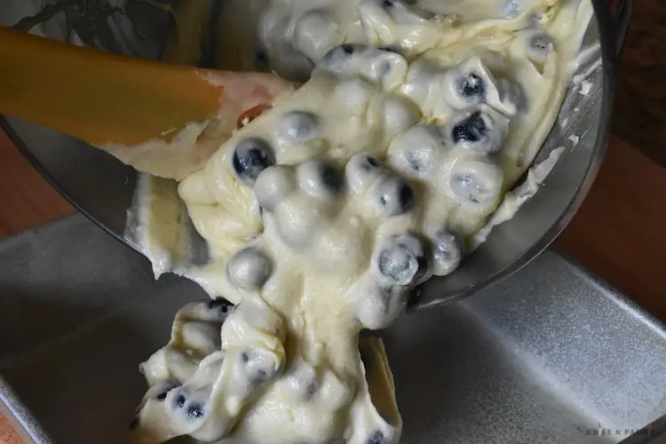 Blueberry batter added to cake pan