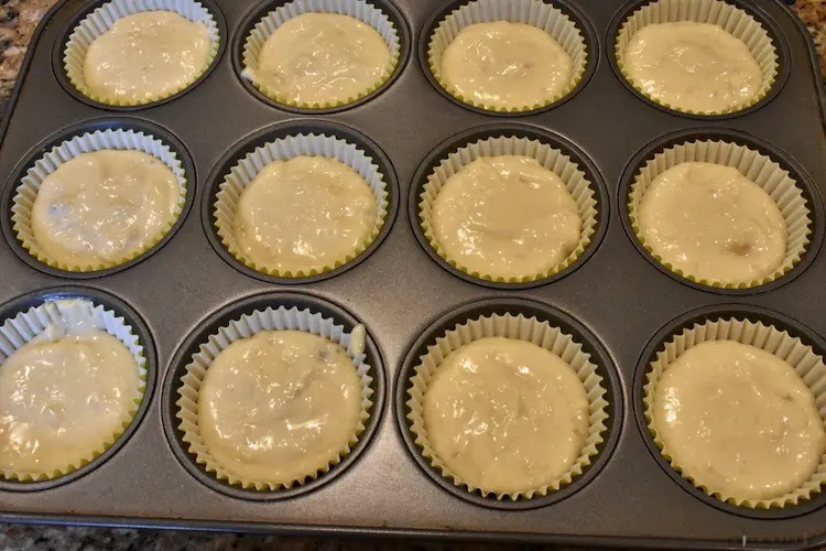 Banana cupcake batter in the muffin pan