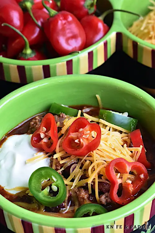 The Best Easy Chili in a bowl with toppings