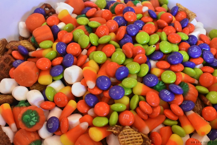 M&Ms, Candy corn, candy pumpkins, snack mix
