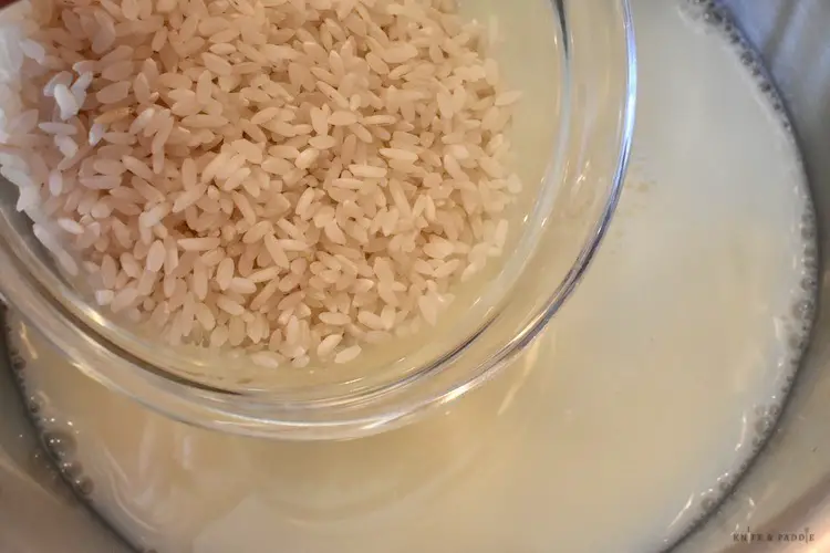 Milk, sugar and rice in a stove top pan