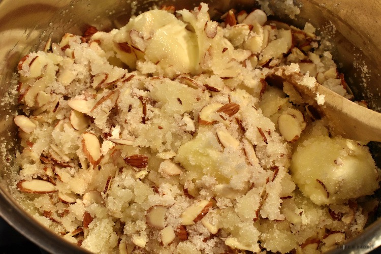 Butter, sugar and almonds in a large saucepan