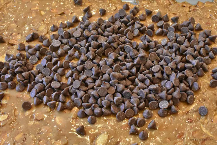 Chocolate chips on hot toffee