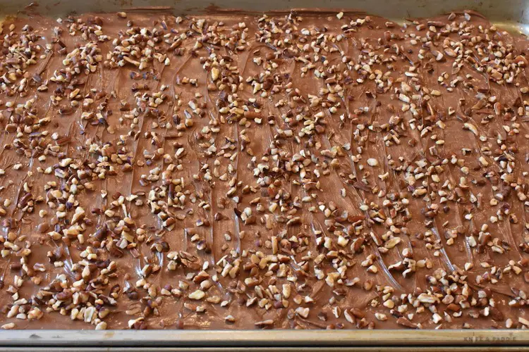 Spreading the melted chocolate and adding pecans to the English toffee