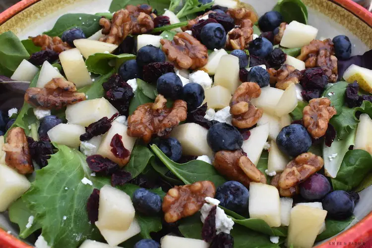 Blueberries, pears, goat cheese and mixed greens