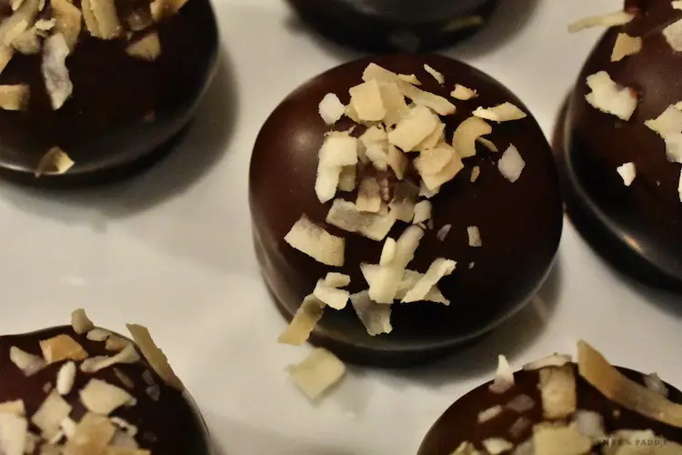 Toasted coconut sprinkled on the chocolate dipped peanut butter ball