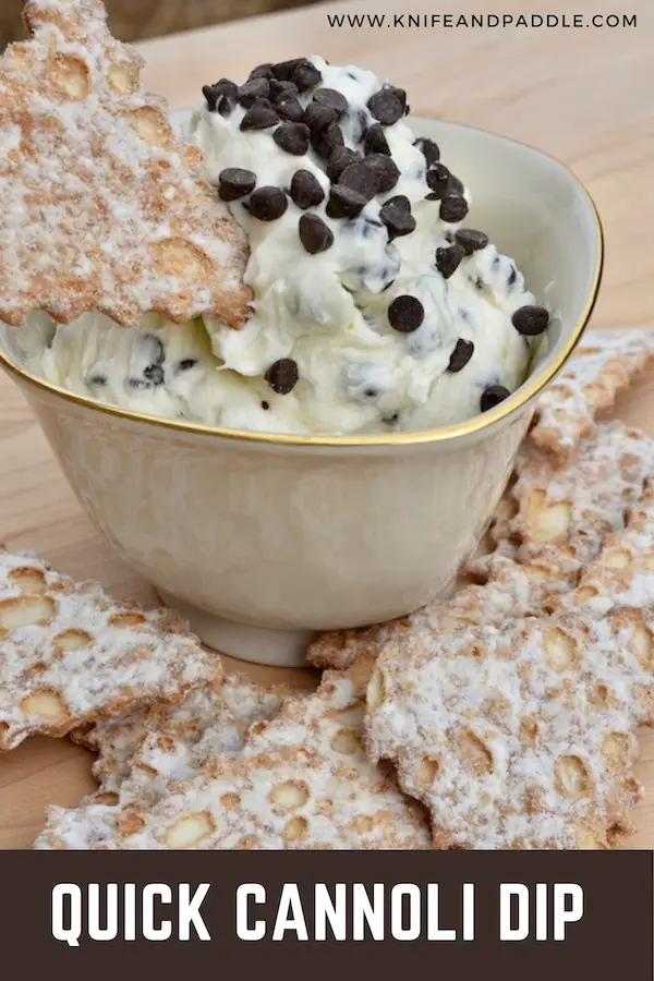 Quick Cannoli Dip in a bowl with cannoli chips