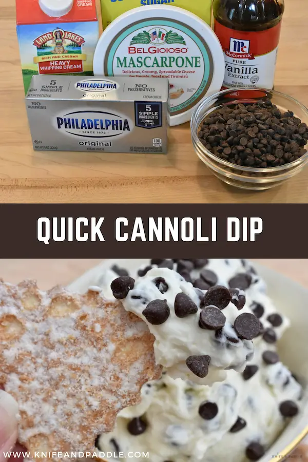 Ingredients and Quick Cannoli Dip in a bowl with cannoli chips 