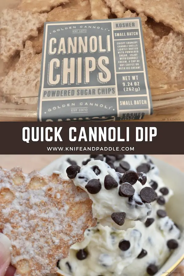 Cannoli chips in a package and cannoli dip in a bowl with a cannoli chip