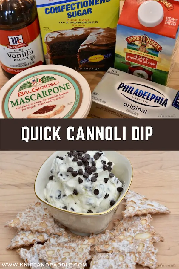 Ingredients and Quick Cannoli Dip in a bowl with cannoli chips 