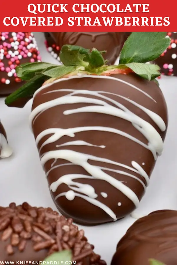 Large chocolate covered strawberry with white chocolate drizzle plated