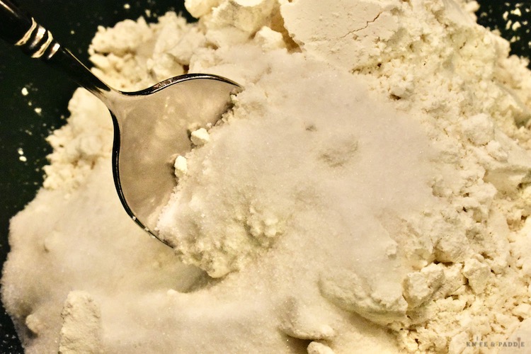 Flour, sugar in a mixing bowl
