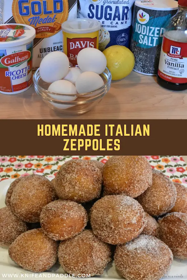 Ingredients for Homemade Italian Zeppoles and a plate of zeppoles