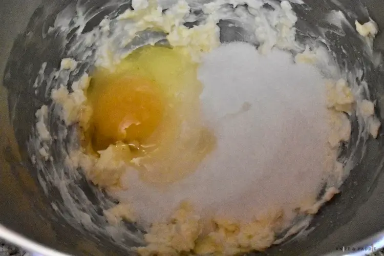 Vegetable shortening, butter, egg, lemon extract in a mixing bowl