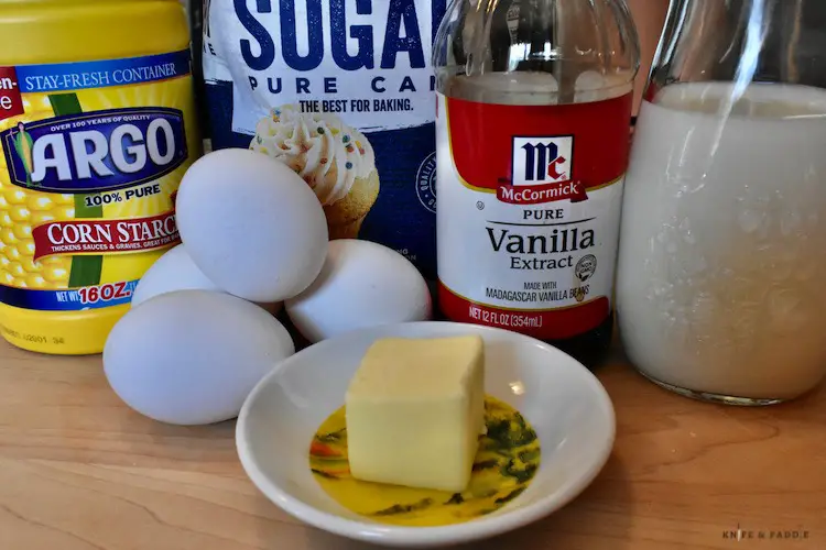 Corn starch, granulated sugar, pure vanilla extract, milk, eggs (yolks) and butter