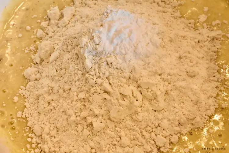 Flour, salt, baking soda baking powder added to the batter in the mixing bowl