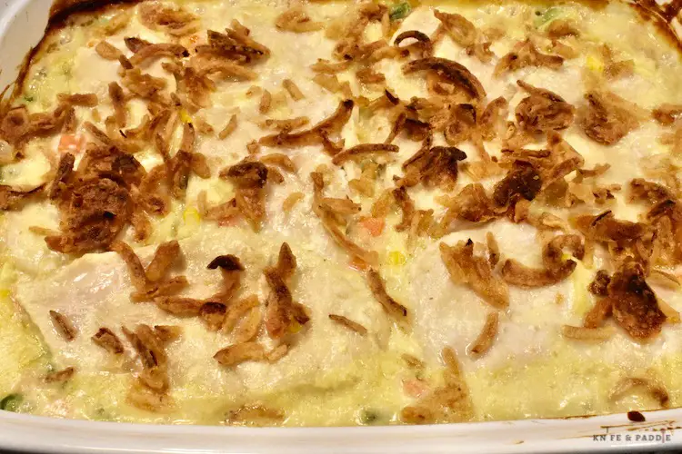 One Dish Chicken Bake topped with golden browned crispy fried onions