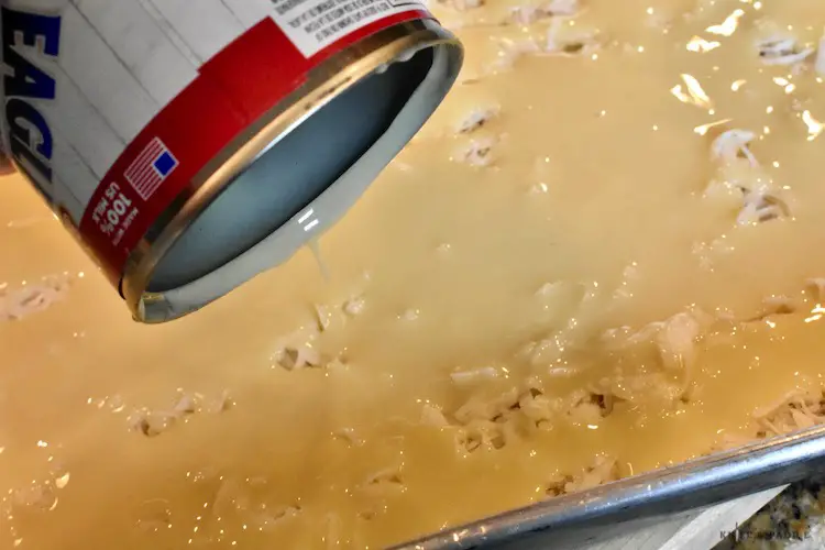 Pressed graham crackers crumbs in a 9x13 inch baking pan with sprinkled coconut flakes over the crumbs.  Poured sweetened condensed milk over the coconut