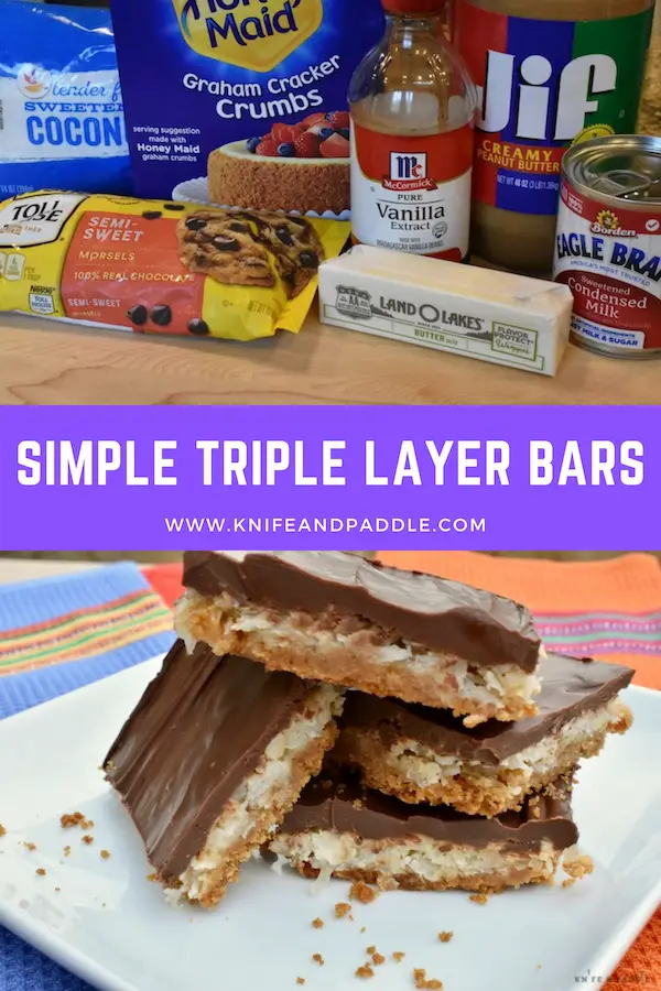 Simple Triple Layer Bars ingredients and bars on a plate