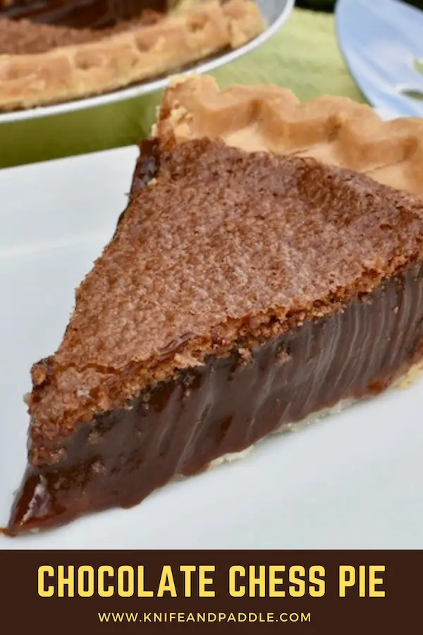 Slice of chocolate chess pie on a plate