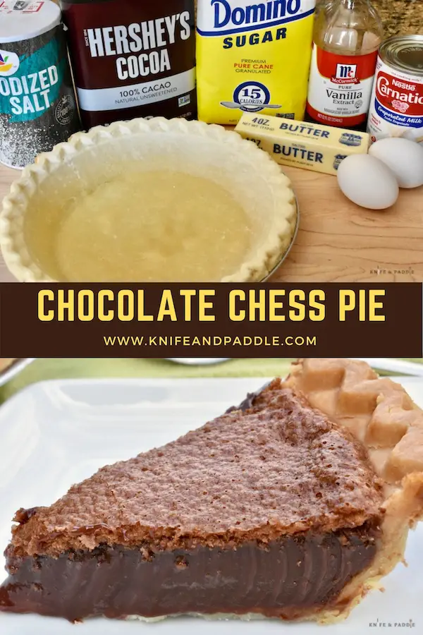 Chess pie ingredients and a slice of chocolate chess pie on a plate