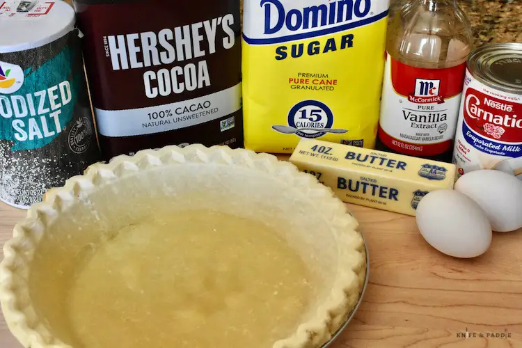 Salt, unsweetened cocoa, granulated sugar, pure vanilla extract, evaporated milk, eggs. butter and 1 unbaked pie shell