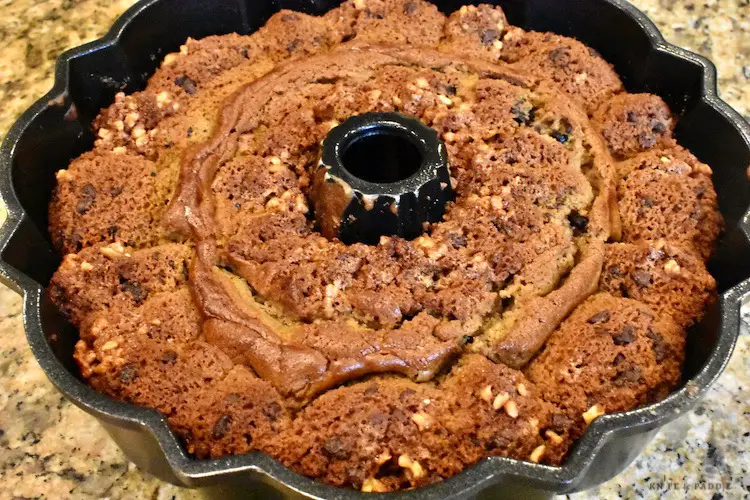 Chocolate Chip Cookie Bundt Cake out of the oven