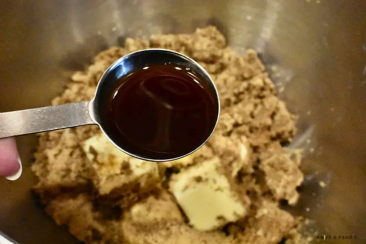 Dark brown sugar, butter and vanilla in a mixing bowl