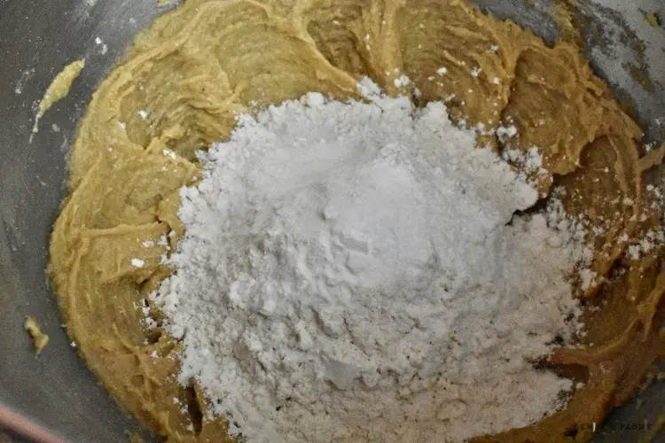 Beaten butter, sugars, egg, pure vanilla extract in a mixing bowl with flour, baking soda, baking powder and salt