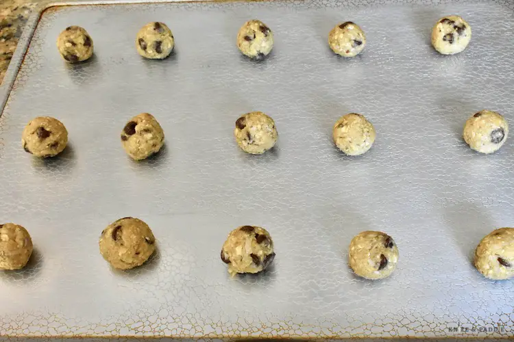 1 inch rolled balls placed on a baking sheet