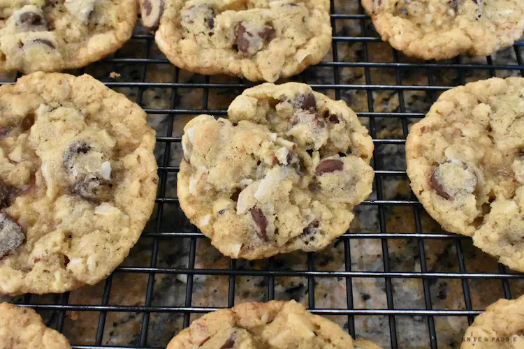 Coconut Oatmeal Chocolate Chip Cookies on a wire rack