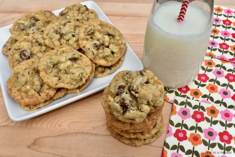 Coconut Oatmeal Chocolate Chip Cookies plated with a glass of milk