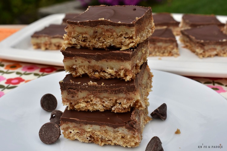 Stacked Almond Toffee Bars on a plate