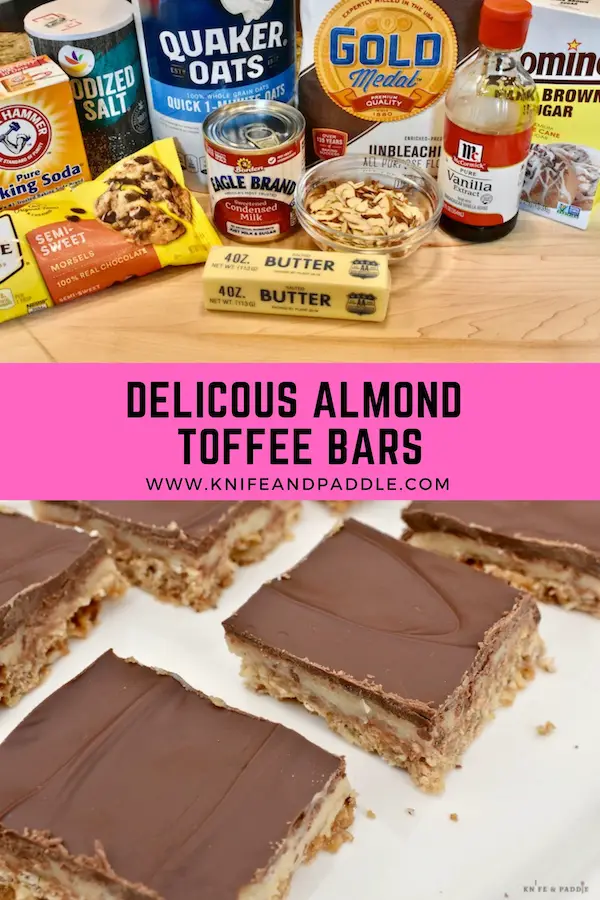 Ingredients for Delicious Almond Toffee Bars and plated almond toffee bars