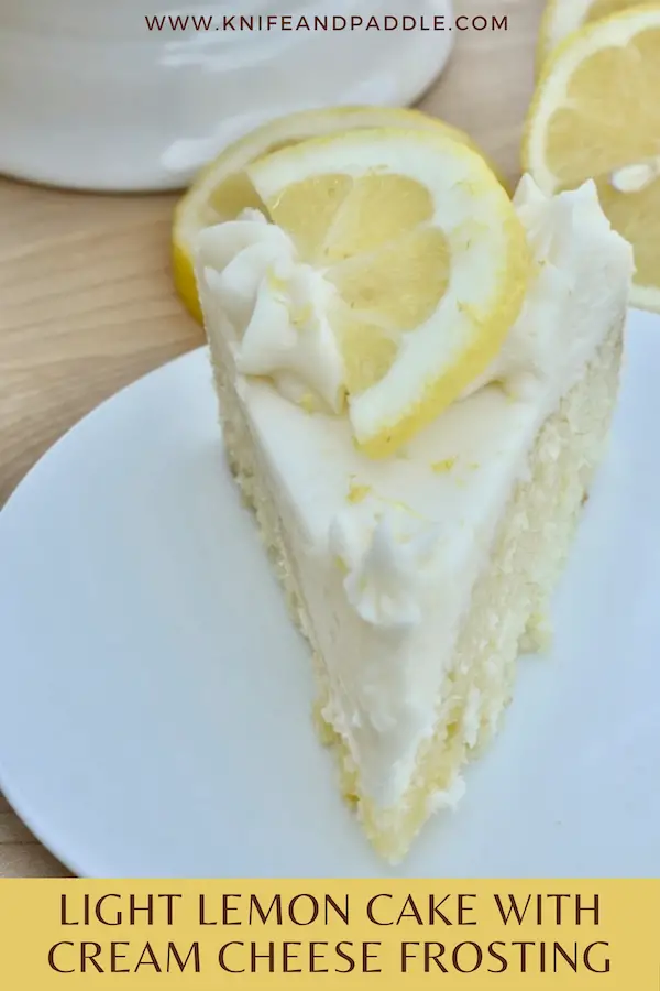 Light Lemon Cake with Cream Cheese Frosting slice on a plate