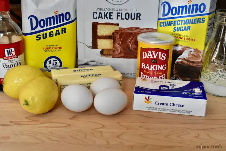 Ingredients:  Pure vanilla extract, sugar, cake flour, confectioners sugar, milk, cream cheese, baking powder, eggs, butter, lemons