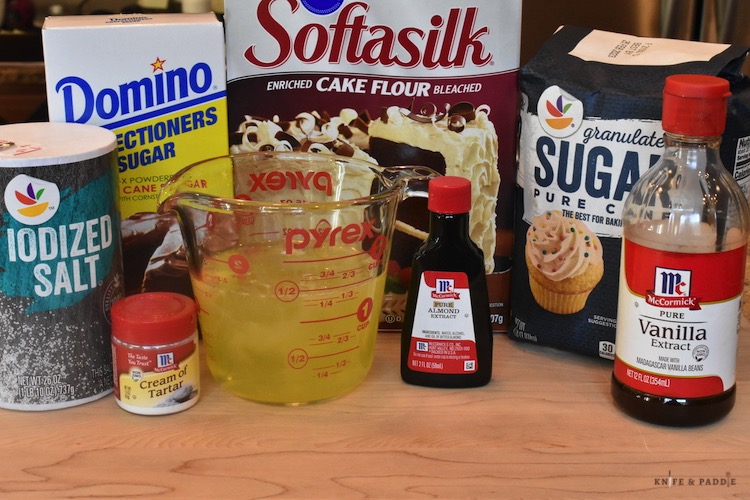 Ingredients:  Salt, confectioners sugar, cake flour, granulated sugar, pure vanilla extract, almond extract, egg whites, cream of tartar.