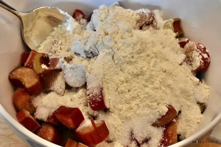 rhubarb, flour, sugar and salt in a mixing bowl