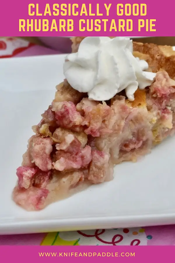 Slice of rhubarb custard pie with whipped cream on a plate