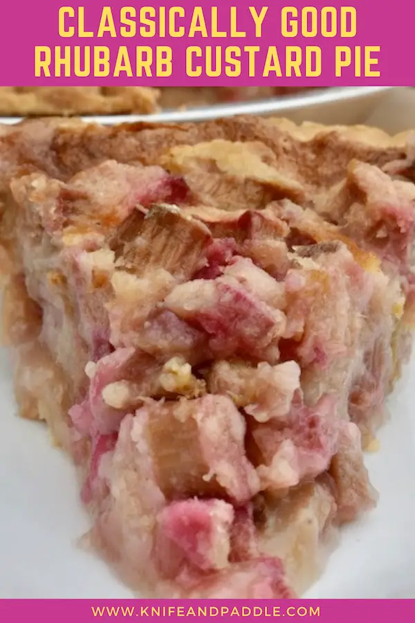 Slice of rhubarb custard pie on a plate