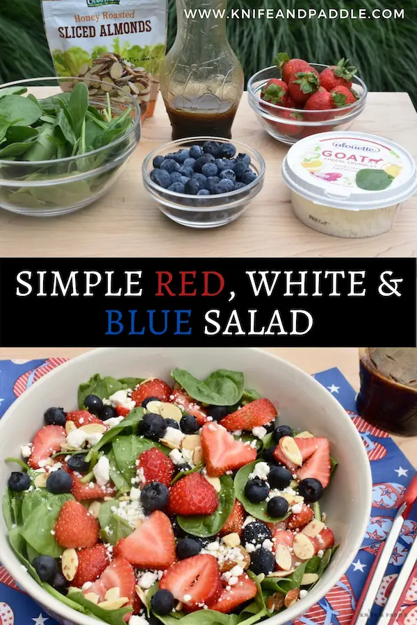 Spinach, sliced almonds, maple balsamic dressing, strawberries, goat cheese crumbles, and blueberries