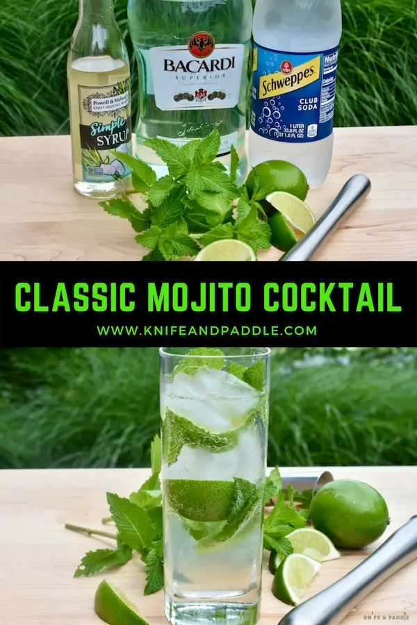 Simple syrup, white rum, club soda, fresh lime, fresh mint and a muddler